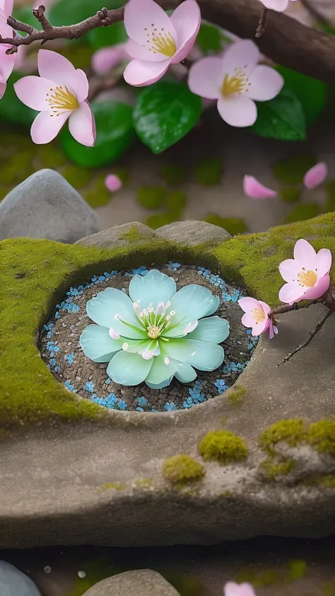 Mossy feet on stones in green valley，A plum blossom，petals huge，honey green blue，Pink，There are dewdrops on the petals，HD quality，Real shot。