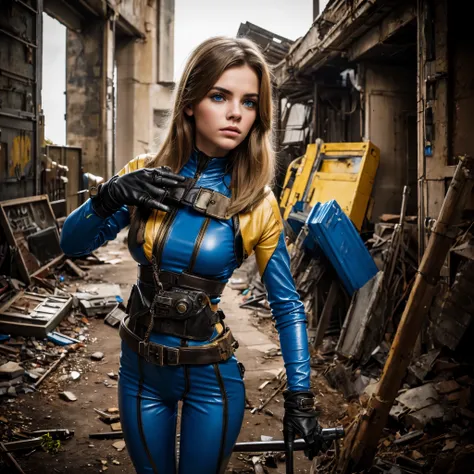 teenage Jan007VaultGirl wearing black and gold (vaultsuit with pipboy3000 on wrist) standing in a rundown rusty post apocalyptic steel bunker, holding a weapon in her right hand, blond hair, professionally color graded, professional photography, well drawn...