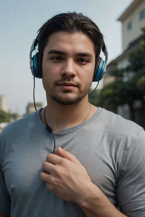 crie uma imagem no estilo Animagine XL
 de um personagem masculino com: olhos claros, cabelos liso,tamanho perto dos ombros e pretos,nem magro nem gordo. altura baixa, with headphones and hand on chin.