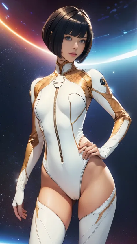 (masterpiece、highest quality、highest resolution、clear_image、Detailed details): (full body figure、15 year old girl、Japanese face、small face、thin、navy blue super short bob cut hair、blue colored eyes、((navy long sleeve space suit、space helmet))、headset、cosmic...