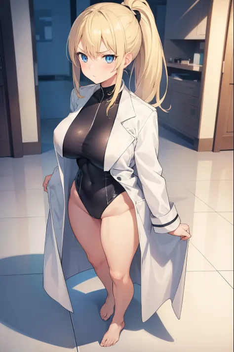 1 girl,blonde,ponytail,blue eyes,big breasts,serious face,white coat over black leotard,barefoot,blush,Research room,night,Are standing,full body figure