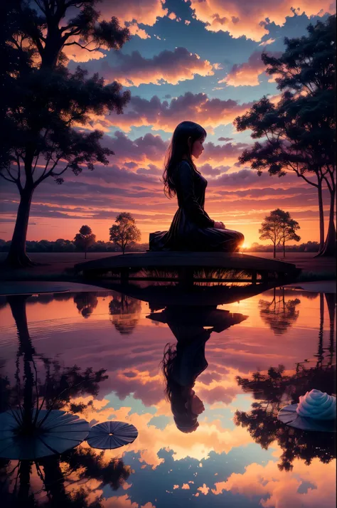 Reflection,((Tranquil)) scene, girl in a contemplative kneel, ((ripples in the pond)), ((cotton candy clouds)), ((silhouette of a gnarly tree)), professional photography, ((rule of thirds)), high resolution, best quality