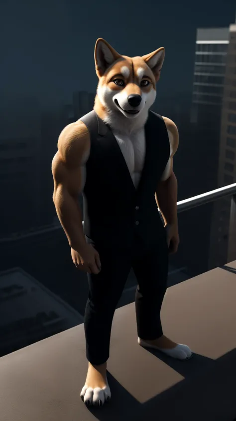 Fur suit Shiba Inu dog male muscular very pumped up lonely boxer alone on roof in NEW York very dark brown eyes looking at viewer cool smile long shot in full height 3D cinematic style unique and original look