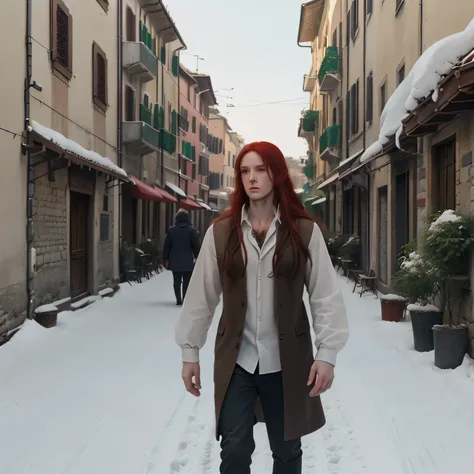 a man, long red hair，snow white skin，walking on the streets of italy, K quality, cinnamon canon, better quality, movie information