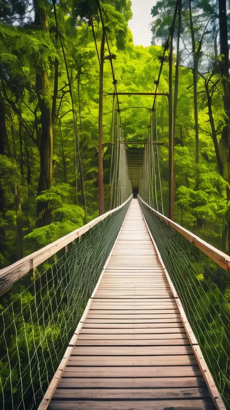 araffe suspension bridge in the middle of a forest with trees, suspended bridge!, rope bridges, hanging bridge!!, rope bridge, standing on a bridge, bridges crossing the gap, connected with hanging bridge!!, huge suspended wooden bridge, wood bridges, on a...