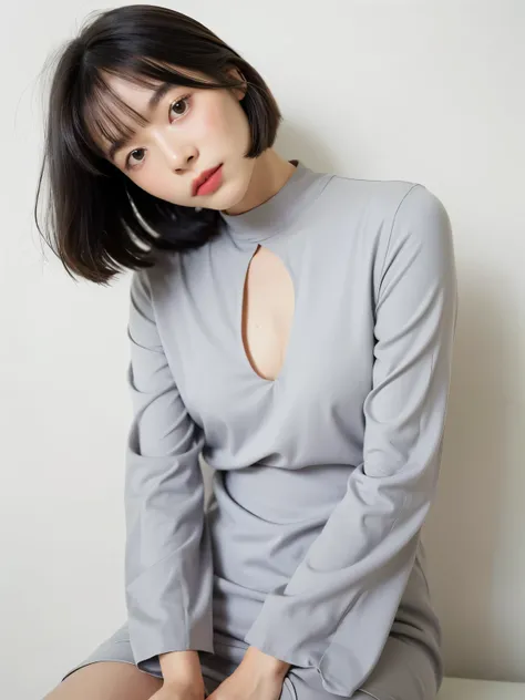 Grey long-sleeved dress、Fashionable dresses、table top、(背景にwhite wall、Part of the hair is light gray:1.4)、white wall、Taken in front of the white door、(窓のあるwhite wallの部屋)、((highest quality、8K、masterpiece:1.3))、ultra high resolution、(photogenuineistic:1.4)、RA...