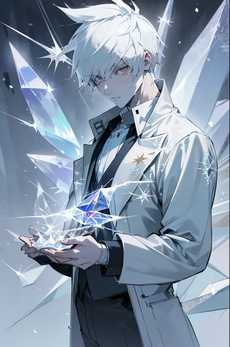 young korean idol boy, korean male,full body size, vertical pupils, cold look, light modern clothes, pale skin, 18 years old, white pale skin, silver messy hair, silver medium hair, silver hair, (((jack frost:1.44))), ice magic, frost magic, magic cold, ha...