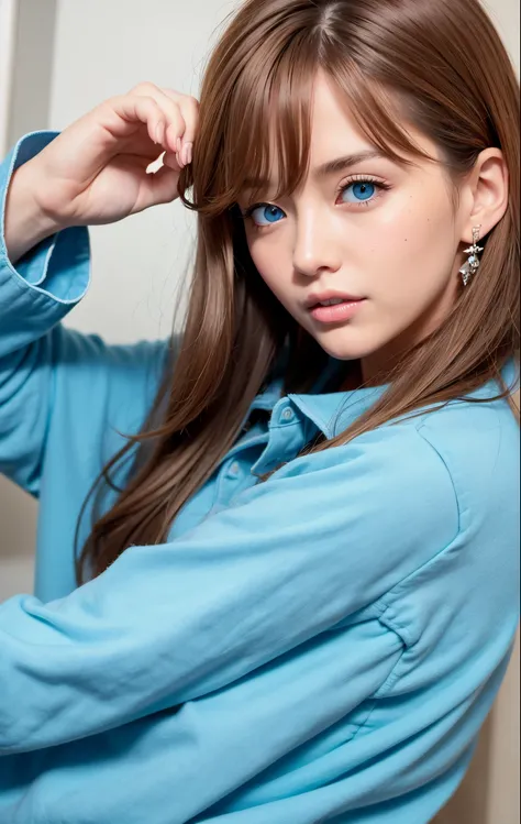 light brown hair, intense crystal light blue eyes, no earrings