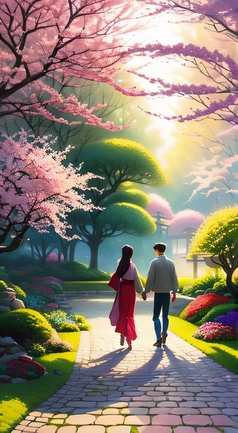 beautiful garden painting. spring , Moody and meaningful scenes in the style of Thomas Kinkade ,HD 4K , seamless texture, watercolor、cherry blossoms、Adult couple、walk hand in hand、Japanese garden、