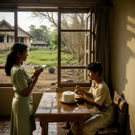 A mother is serving rice to her son in the dining room of a house. mud house Trees are visible through the window . 