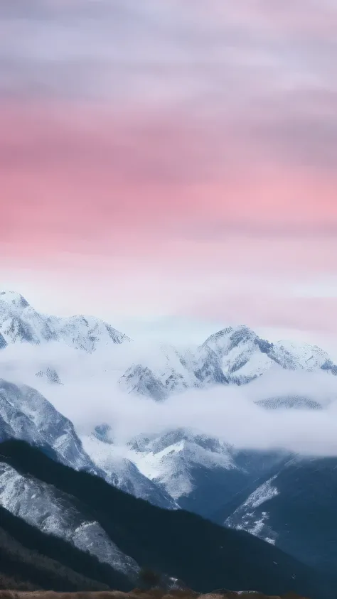 mountains with snow and clouds in the background and a pink sky, surreal colors, faded red colors, cotton candy clouds, surreal flat colors, pastel faded effect, dreamy colors, earth and pastel colors, pink clouds, pink landscape, 4k vertical wallpaper, 4 ...