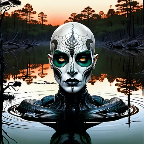 Medusa, emerging from the still lake water, her plain gorgon face is reflected on the surface of the water as (face, ornate black metal corpse paint, resembles Grace Jones), perfect reflection, showcase detailed expressive reflection, splash page compresse...