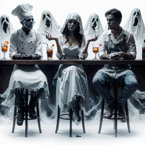 three people dressed as ghosty people sitting at a bar, ghostly spirits, ghosts, ghostly figures, halloween atmosphere, halloween wallpaper with ghosts, scary atmosphere, spooky and scary atmosphere, hauntingly surreal, ghost faces, by Aleksander Kotsis, g...