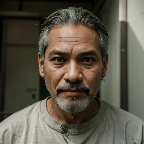 Indonesian face only,man about 50,beard, grey hair,no mustache,light green eyes,sharp jaws