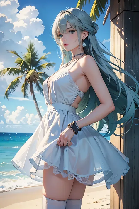 Low - Angle,from below,very the wind is strong,skirt lift,panty shot
(1 girl), ((masterpiece, highest resolution,highest quality)), (beautiful illustrations),(Beautiful medium-long silver-green hair),(beautiful blue eyes), (White elegant see-through camiso...