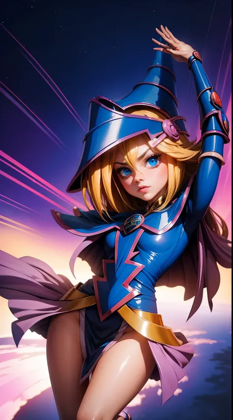 dark magician gils levitando. ella esta volando por los cielos. tiene cabello rubio y largo. ojos azules. labios rojos. ella vue...