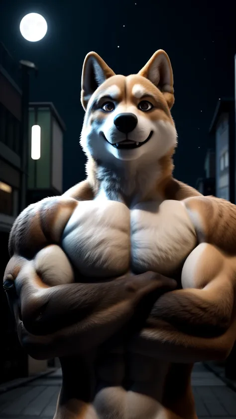 fur Shiba Inu dog male muscular very pumped up on the street in japan night moon arms crossed very dark brown eyes looking at viewer cool smile waist-deep mid-shot 3D cinematic style unique and original look