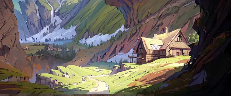 There is a painting of a house in the middle of a mountain, Few details. digital painting, gouache matte painting, landscape artwork, Stylization, Animation pastoral scenery, Painting landscape, a number, color study, an expressive number, anime scenery, L...