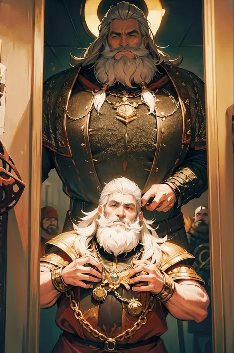 (A dwarven adventurer(big beard, chain armor, bloody axe) is staring at his reflection in a gold mirror, he see himself as a king), greed is filling his heart. In a dungeon hoard