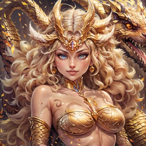 (best quality,4k,8k,highres,masterpiece:1.2), ultra-detailed, realistic, naked sexy dragon woman with gold glittering scales, skin is glittering golden scales, long wavy blonde hair, very playful but mischievous smile, huge tits, gigantic breasts, naked, n...