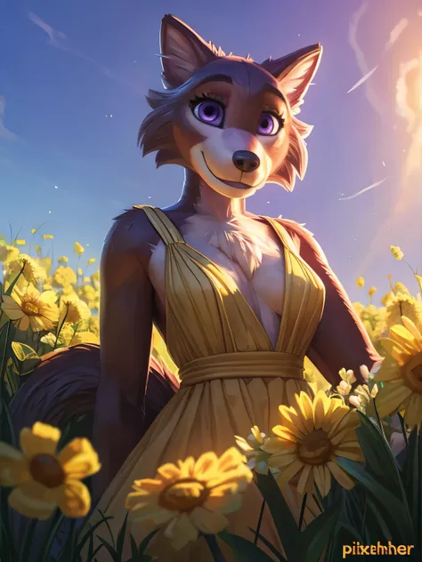 (by pixelsketcher) solo, furry anthro juno, female, detailed background, (cinematic lighting:1.1), (perfect focus:1.1), 8k hd, photo, (detailed eyes:1.2),depth of field, bokeh, subsurface scattering, perfect breasts, wide angle,(dress, yellow dress), brigh...