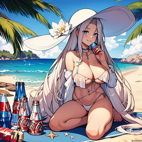 A woman with a beach bikini, full breasts, long white hair, wearing a beach hat, blue eyes, beautiful sea, sun emitting light, smiling, on the beach drinking coca-cola, work of art, ultra resolution, 4k.
