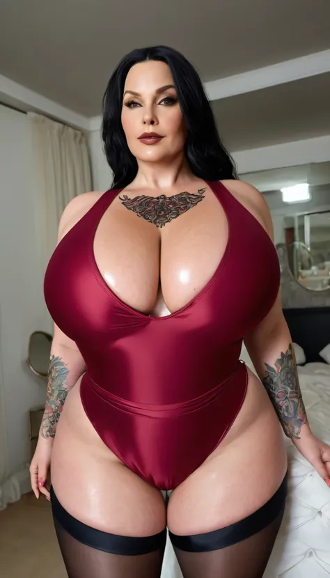 dark red leotard swimsuit, Mistress 40+,40 year old female, bbw, thick waist, tense abdomen, very big ass, very big breasts, wrinkles, selfie pose, not instagram, She is looking at the camera with long dark hair and dark black makeup。, I have a tattoo。., d...