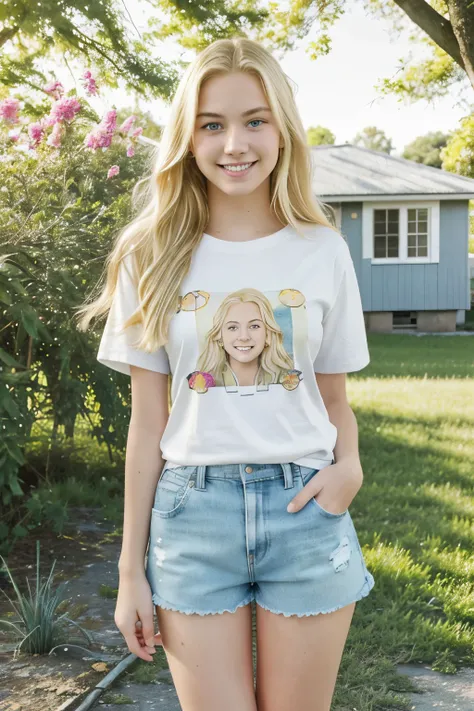 (Best quality, highres, ultra-detailed: 1.2), Blond teen girl, 18 years old, full body, radiant face, (blonde hair: 1.5), long wavy hair, (freckles: 0.4), white skin, blue eyes, natural makeup, freckled nose, casual outfit, (shorts and t-shirt: 1.3), playf...