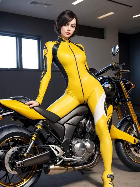 ((highest quality)), ((masterpiece)), (detailed motorcycle), ((perfect beautiful face))、slender body、realistic skin texture、((full body shot))、long legs、((yellow biker suit and pants))、((Beautiful woman riding a motorcycle))、short hair、Nohel