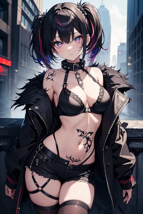 (masterpiece, best quality, dynamic lights), best quality, goth girl, short hair, twintails, spike collar, dark multicolor hair, large breasts, (dark glow, dark light), chains, fur jacket, shorts, bra, aura, city, tattoos of black serpents on body, panoram...