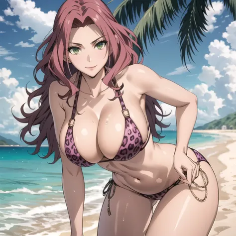 green eyes beautiful woman 27 years old light skin wavy red hair, bright green eyes big breasts pink bikini leopard design. accesorios sudor en su cuerpo, sonrisa burlona. caminando por una playa soleada. gotas de sudor en su cuerpo.