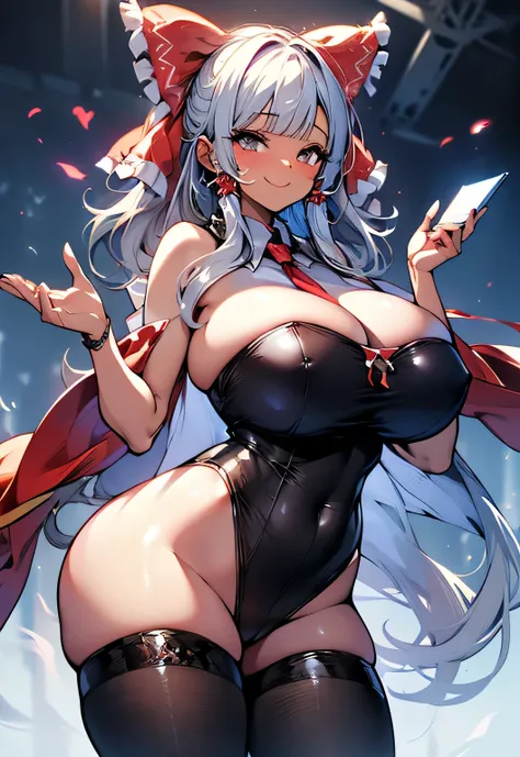 Erotic Anime Illustration、High resolution、Smiling dark-skinned sensual nun、Primitive costume、gray hair、perfect proportions、reimu hakurei、Overwhelming big breasts that go beyond common sense、thick legs with fat、big association、cowboy shot