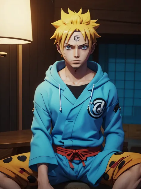 Naruto Uzumaki ciberpunk, 1 menino, cabelos amarelos, vestindo uma jaqueta laranja e pijama laranja, faixa azul, olhos detalhados azul celeste, Figura 3D, octanagem renderizada, Melhor qualidade, UHD resolution