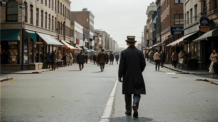 america during the great depression, view of a city street, people walking, photorealistic style