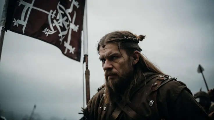 Angry viking in the midle of the war, brutal, winter