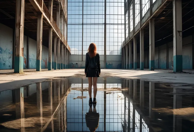 You are looking at the back of a 25 year old female punk, she is standing in a vast abandoned warehouse, the view is isometric with a vanishing point perspective moving away to the distance, the woman is standing 3 feet from a bank of storey height windows...