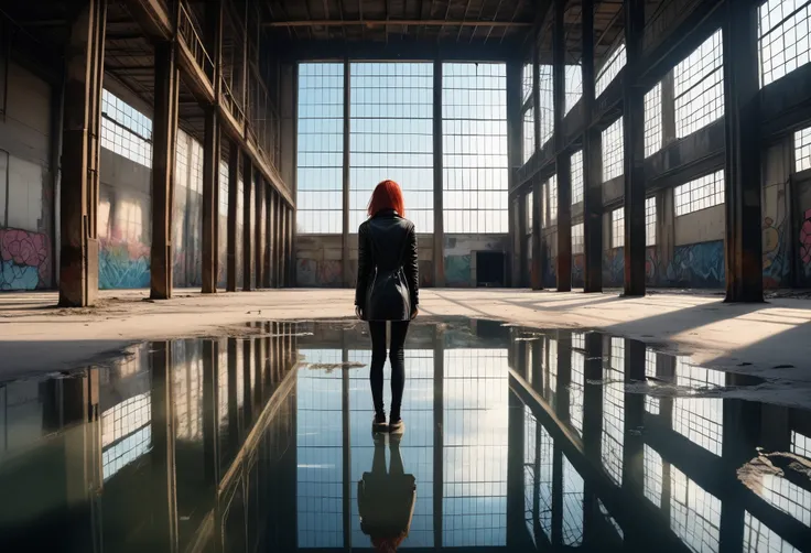 You are looking at the back of a 25 year old female punk, she is standing in a vast abandoned warehouse, the view is isometric with a vanishing point perspective moving away to the distance, the woman is standing 3 feet from a bank of storey height windows...