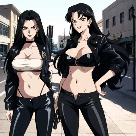 1990s (style),
2girl, two girl, large breasts, earrings, jewelry, long hair, retro artstyle, masterpiece, best quality, highly detailed, a girls with a gun, evil smile , open mouth, sexy gaze, badass
pose , evil smile, smile, (nsfw) not safe for work, guns...