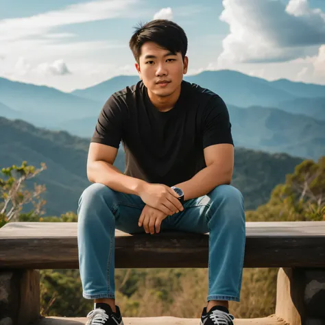 there is a man sitting on a bench with his hands on his knees, mid shot portrait, asian male, sitting cutely on a mountain, medi...