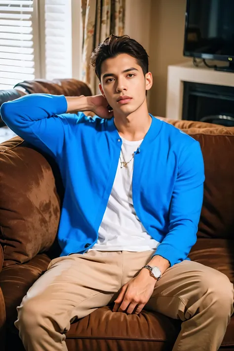 Realistic photography, handsome man ,Sit on the sofa , living room,Embossed