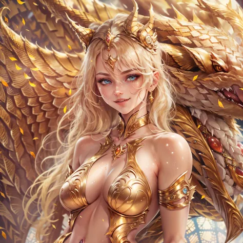 (best quality,4k,8k,highres,masterpiece:1.2), ultra-detailed, realistic, naked sexy dragon woman with gold glittering scales, skin is glittering golden scales, long wavy blonde hair, very playful but mischievous smile, huge tits, gigantic breasts, naked, n...