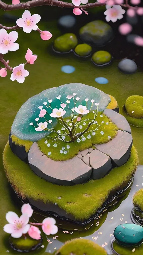 Mossy feet on stones in green valley，A plum blossom，petals huge，honey green blue，Pink，There are dewdrops on the petals，HD quality，Real shot。