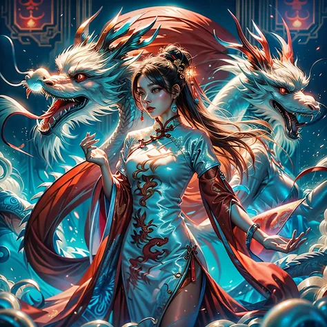 white holographic dragon, 1girl(Red cheongsam:1.5)
A shot with tension(sky glows red,Visual impact,giving the poster a dynamic and visually striking appearance:1.2),Chinese Zen style,impactful picture,