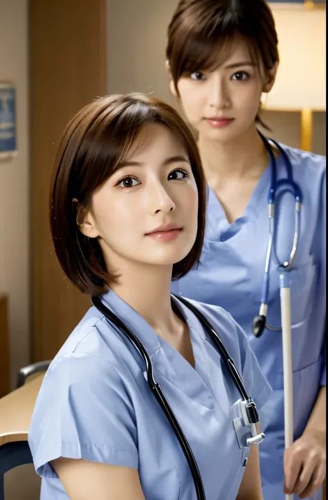 male patient and female、hospital、(masterpiece:1.3), (8K, Photoreal, Raw photo, best image quality: 1.4), Japanese, (1 girl), beautiful face, (lifelike face), (short hair:1.3), beautiful hairstyle, realistic eyes, beautiful eyes, (real looking skin), beauti...