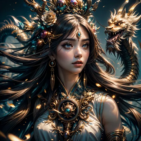 (masterpiece，k hd，hyper HD，16k）Long flowing black hair，Gold jewelry area in the back room，Smoke ring girl ，Bronze Dragon Protector （realisticlying：1.4），Python pattern robe，Purple-pink tiara，Snowflakes fluttering，The background is pure，Hold your head high，B...