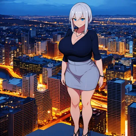 A woman in casual clothes, outside a big city in the United States at night, a big city in the background, at night, silver hair, blue eyes, smiling, big breasts, work of art, ultra resolution, 4k
