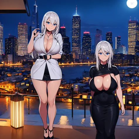 A woman in casual clothes, outside a big city in the United States at night, a big city in the background, at night, silver hair, blue eyes, smiling, big breasts, work of art, ultra resolution, 4k
