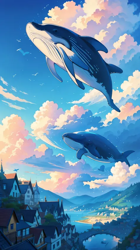 masterpiece, best quality, movie lighting, Very detailed, number, art station, matte painting, whimsical, surreal, A huge flying whale soars in the blue sky and fluffy clouds, A vibrant storybook village sits on itcame back, brightly colored house, winding...