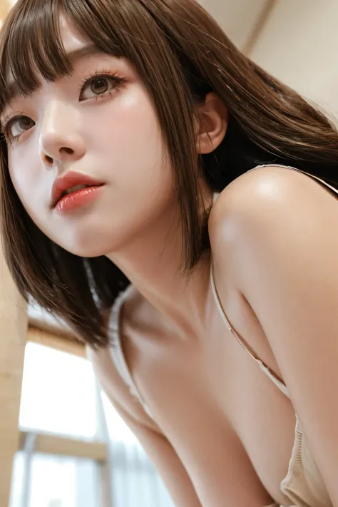 best quality, 8K, Detailed facial depiction, Detailed eye description, brown hair, Korean beauty, 16 years old, Slim, big breasts, Big bottom, from the perspective below, long shoot