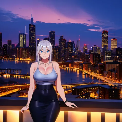 A woman in casual clothes, outside a big city in the United States at night, a big city in the background, at night, silver hair, blue eyes, smiling, big breasts, work of art, ultra resolution, 4k
